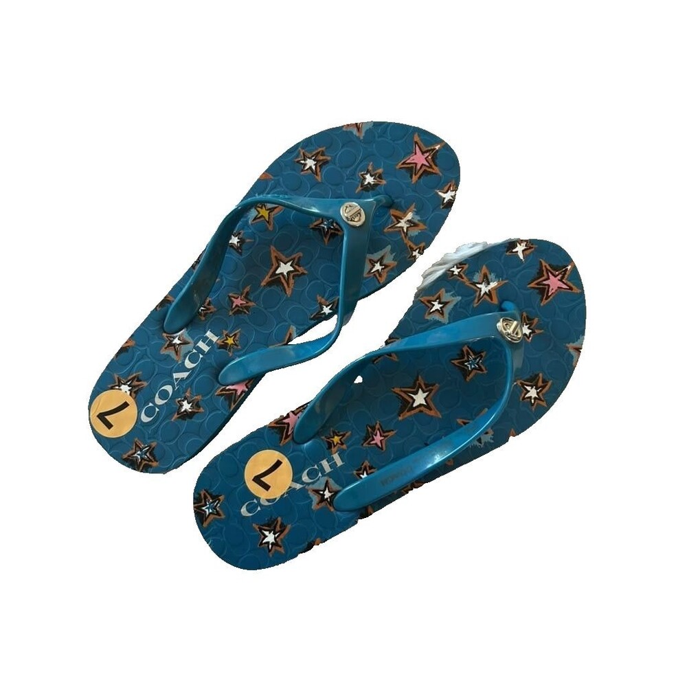 Coach Thong Slippers Women Size 7-8 Blue Stars Sandals Flip Flops New